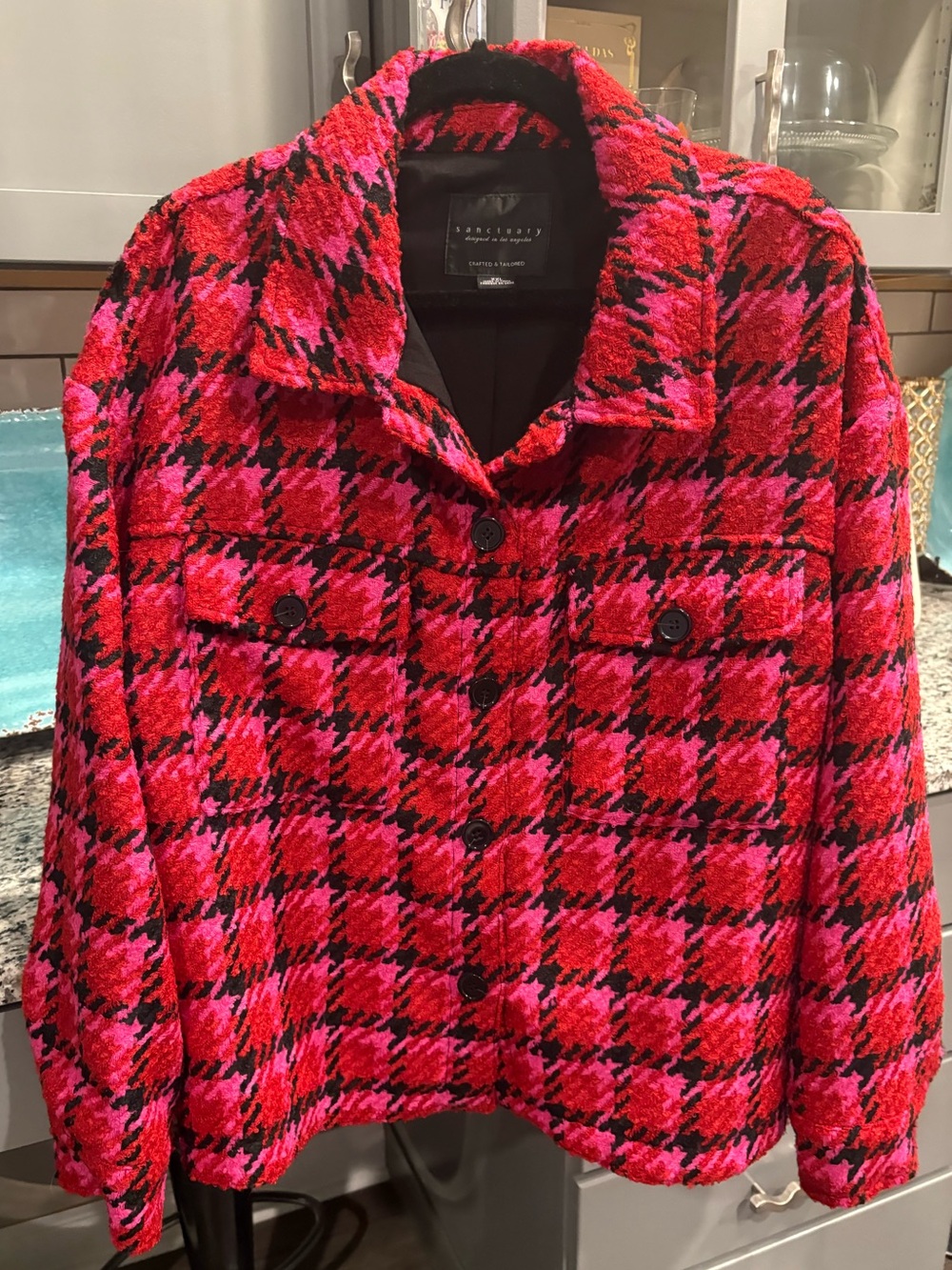NWOT Sanctuary Red & Pink Houndstooth Bouclé Jacket